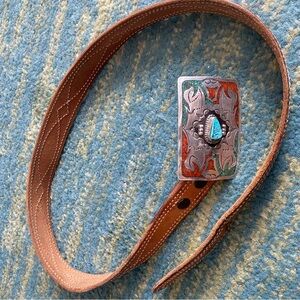Eddie Bauer Brown Leather Belt with Silver and Turquoise Buckle-size 34
